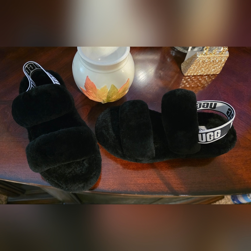 UGG Black Fluffy Slippers NWOT